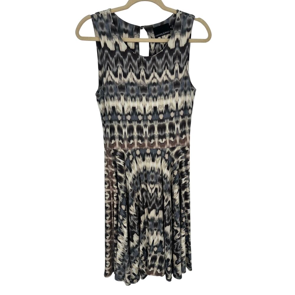 Cynthia Rowley Geometric Midi Dress Blue Brown Sleeveless Crewneck Boho Womens M
